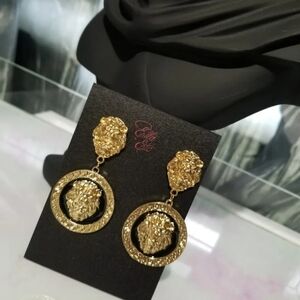 Gold Lion Head Statement Earrings | Royal Medallion Dangles